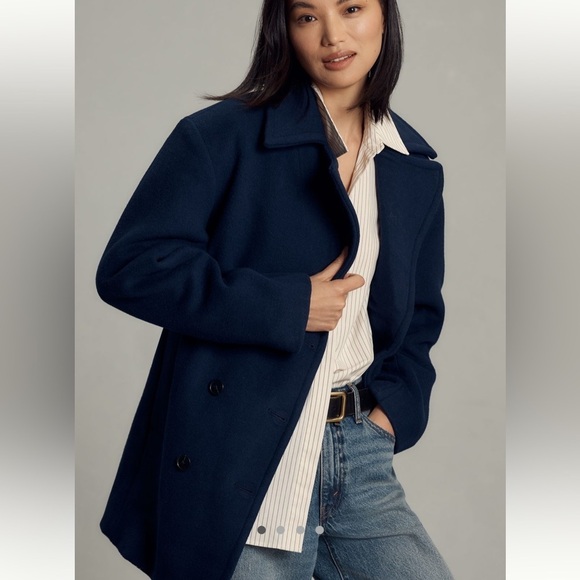 NWT Anthropologie Maeve double breasted wool blend coat in navy blue - Picture 2 of 8